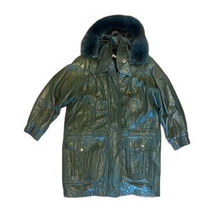 Vintage Laura Winston Leather Jacket GREEN Fur Trim Hood Cinched Parka size XL